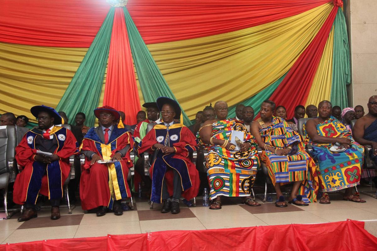 Picture: The Vice-Chancellor Ing. Prof. Osei-Wusu Achaw (2nd from left). With him are Engr. Prof. Mike A. Acheampong the Pro VC (1st from left), Council Chair Prof. Ben Baffoe-Bonnie (3rd from left), Prof. Nana Mensah Bonsu the Asakyirihene (4th from left)  Baffour Asare Owusu Amankwatia VI the Bantamahene (5th from left)